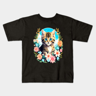 Tiger Striped Kitten Surrounded by Spring Flowers Kids T-Shirt