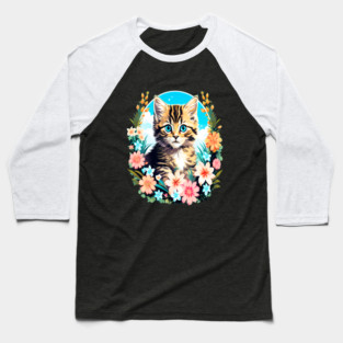 Tiger Striped Kitten Surrounded by Spring Flowers Baseball T-Shirt