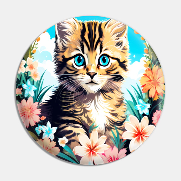 Tiger Striped Kitten Surrounded by Spring Flowers Pin by BirdsnStuff