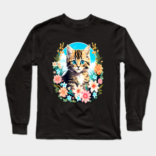 Tiger Striped Kitten Surrounded by Spring Flowers Long Sleeve T-Shirt