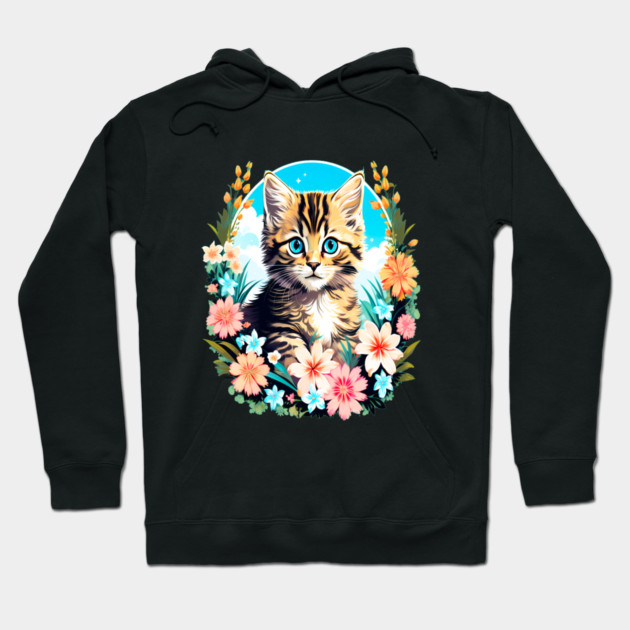 Tiger Striped Kitten Surrounded by Spring Flowers Hoodie by BirdsnStuff