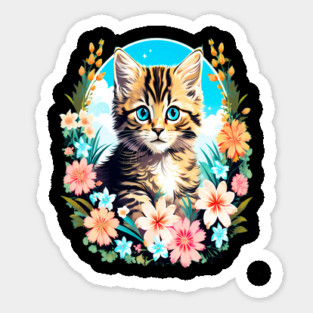 Tiger Striped Kitten Surrounded by Spring Flowers Sticker