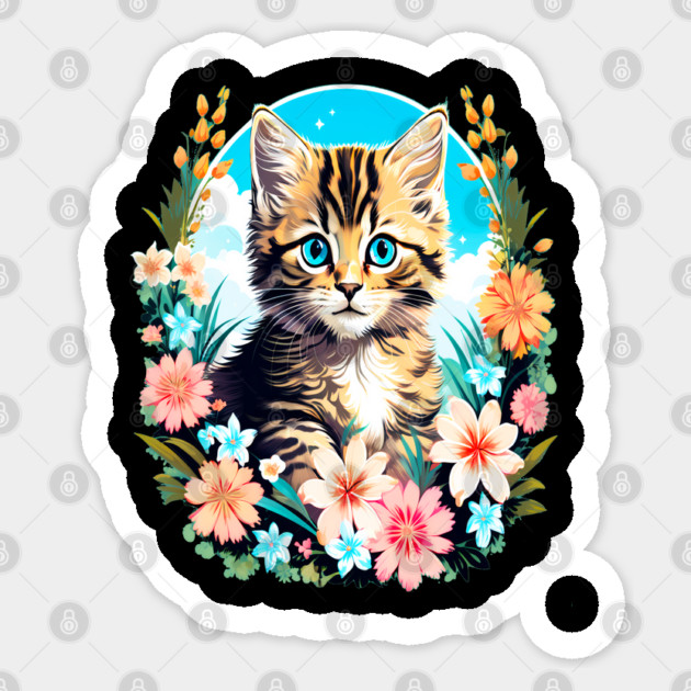 Tiger Striped Kitten Surrounded by Spring Flowers Sticker by BirdsnStuff