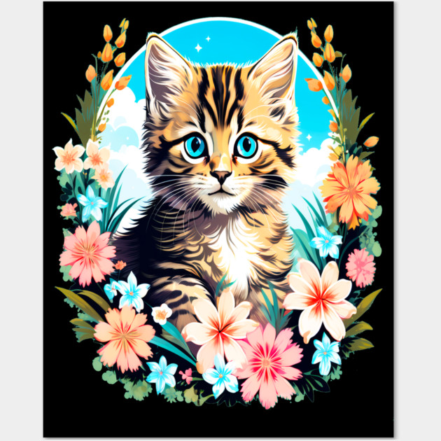 Tiger Striped Kitten Surrounded by Spring Flowers Wall Art by BirdsnStuff