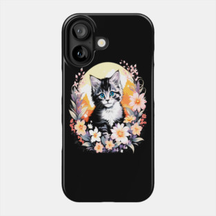 Black and Grey Kitten Surrounded by Spring Flowers Phone Case