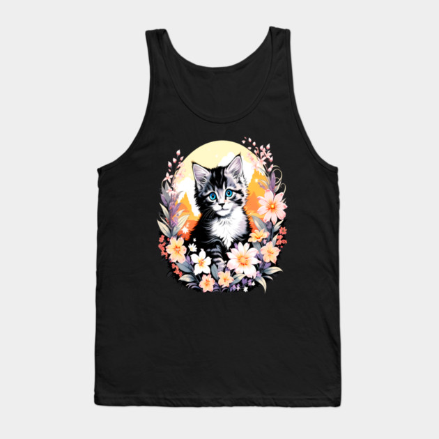 Black and Grey Kitten Surrounded by Spring Flowers Tank Top by BirdsnStuff
