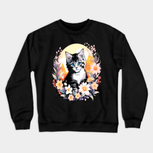 Black and Grey Kitten Surrounded by Spring Flowers Crewneck Sweatshirt