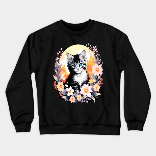 Black and Grey Kitten Surrounded by Spring Flowers Crewneck Sweatshirt by BirdsnStuff
