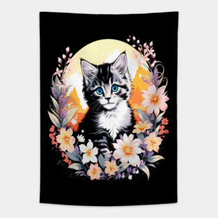 Black and Grey Kitten Surrounded by Spring Flowers Tapestry