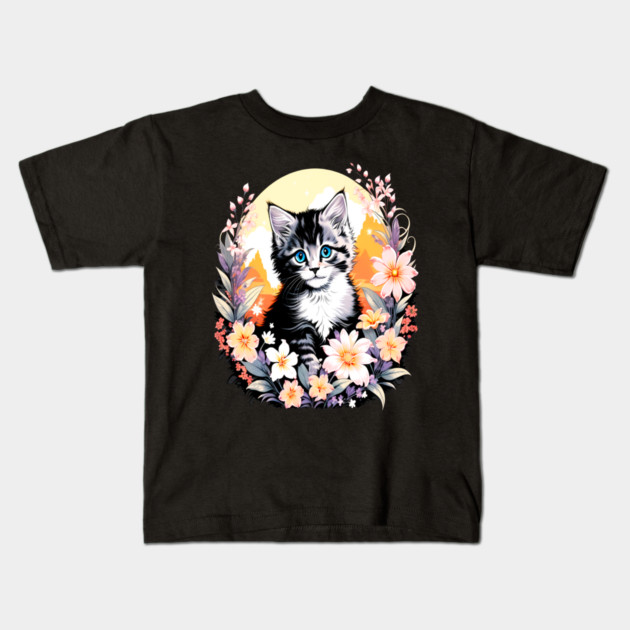 Black and Grey Kitten Surrounded by Spring Flowers Kids T-Shirt by BirdsnStuff
