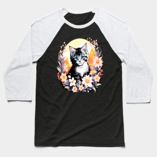 Black and Grey Kitten Surrounded by Spring Flowers Baseball T-Shirt