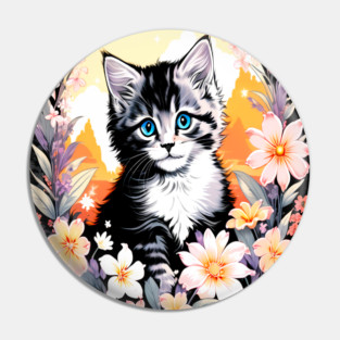 Black and Grey Kitten Surrounded by Spring Flowers Pin
