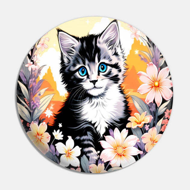 Black and Grey Kitten Surrounded by Spring Flowers Pin by BirdsnStuff
