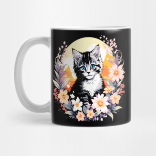 Black and Grey Kitten Surrounded by Spring Flowers Mug