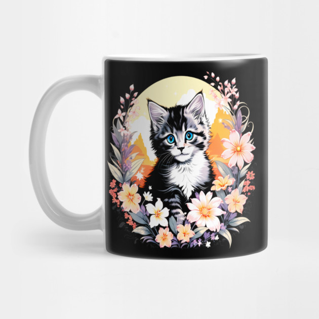 Black and Grey Kitten Surrounded by Spring Flowers by BirdsnStuff