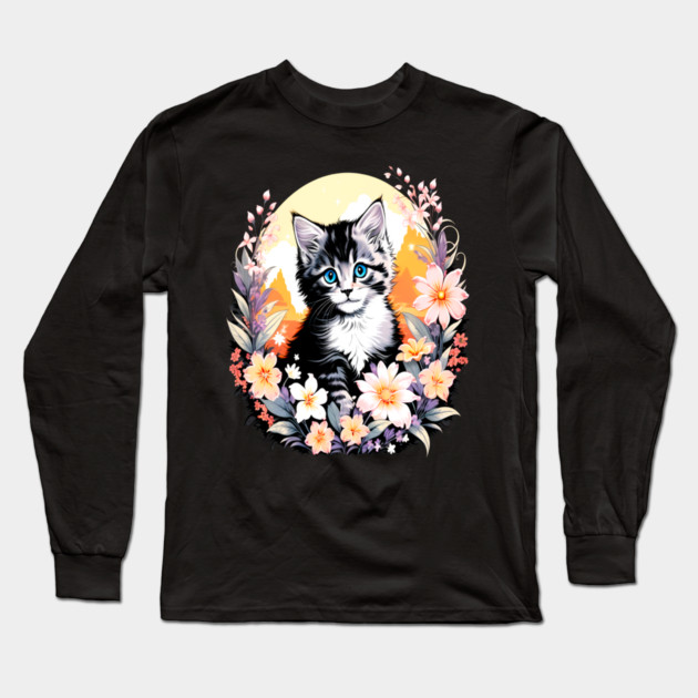 Black and Grey Kitten Surrounded by Spring Flowers Long Sleeve T-Shirt by BirdsnStuff