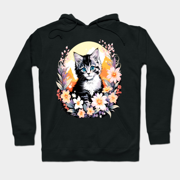 Black and Grey Kitten Surrounded by Spring Flowers Hoodie by BirdsnStuff