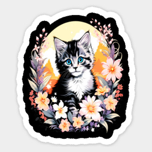 Black and Grey Kitten Surrounded by Spring Flowers Sticker