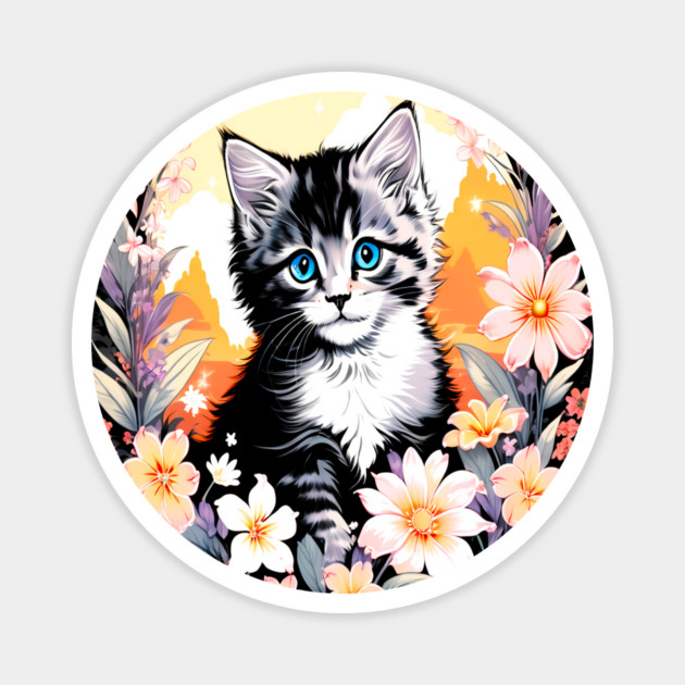Black and Grey Kitten Surrounded by Spring Flowers Magnet by BirdsnStuff