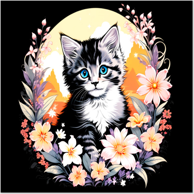 Black and Grey Kitten Surrounded by Spring Flowers Wall Art by BirdsnStuff