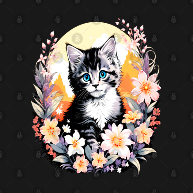 Black and Grey Kitten Surrounded by Spring Flowers by BirdsnStuff