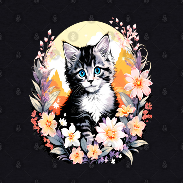Black and Grey Kitten Surrounded by Spring Flowers by BirdsnStuff