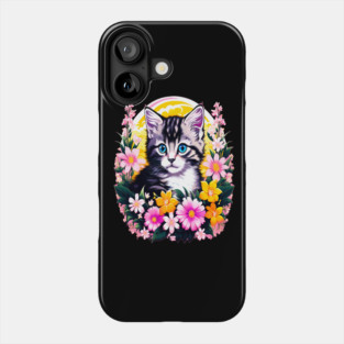 Black and Grey Kitten Surrounded by Spring Flowers Phone Case