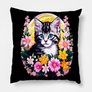 Black and Grey Kitten Surrounded by Spring Flowers Pillow