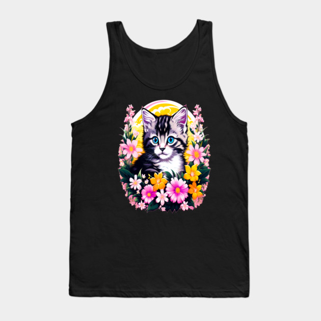 Black and Grey Kitten Surrounded by Spring Flowers Tank Top by BirdsnStuff