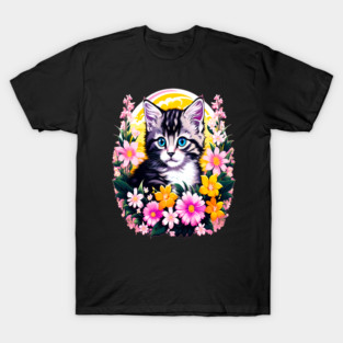 Black and Grey Kitten Surrounded by Spring Flowers T-Shirt