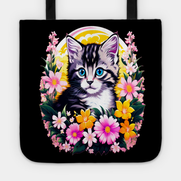 Black and Grey Kitten Surrounded by Spring Flowers Tote by BirdsnStuff