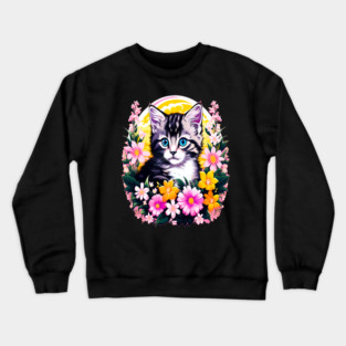 Black and Grey Kitten Surrounded by Spring Flowers Crewneck Sweatshirt