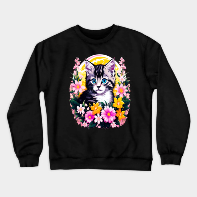Black and Grey Kitten Surrounded by Spring Flowers Crewneck Sweatshirt by BirdsnStuff