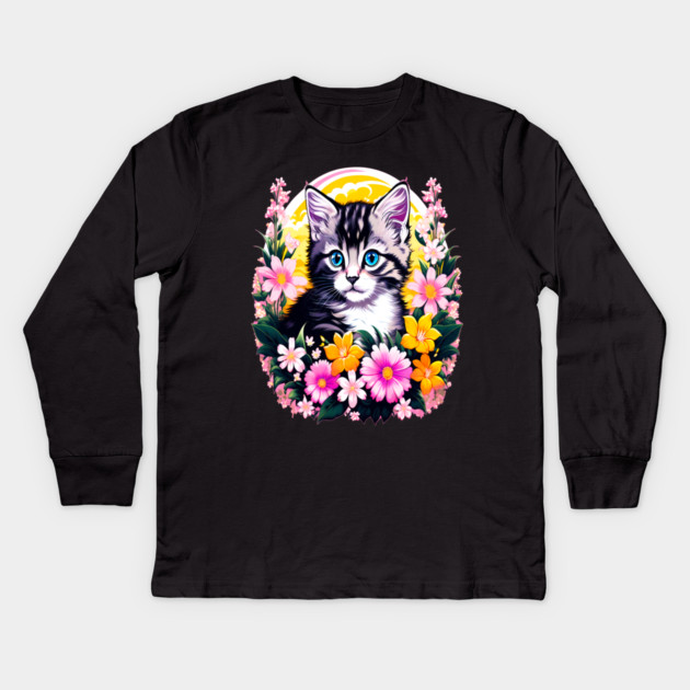 Black and Grey Kitten Surrounded by Spring Flowers Kids Long Sleeve T-Shirt by BirdsnStuff