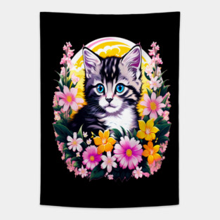 Black and Grey Kitten Surrounded by Spring Flowers Tapestry