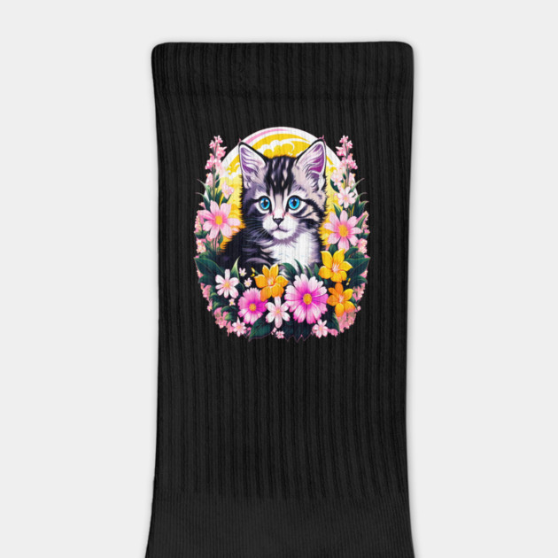 Black and Grey Kitten Surrounded by Spring Flowers by BirdsnStuff