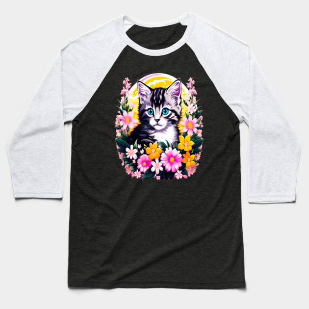 Black and Grey Kitten Surrounded by Spring Flowers Baseball T-Shirt by BirdsnStuff