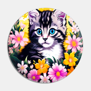 Black and Grey Kitten Surrounded by Spring Flowers Pin
