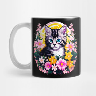 Black and Grey Kitten Surrounded by Spring Flowers Mug