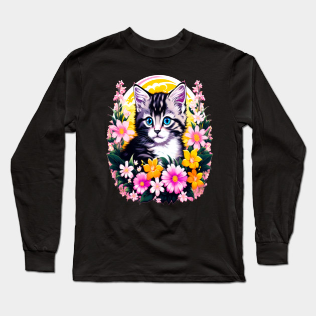 Black and Grey Kitten Surrounded by Spring Flowers Long Sleeve T-Shirt by BirdsnStuff