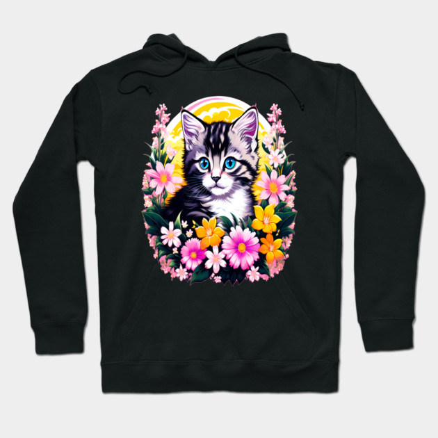 Black and Grey Kitten Surrounded by Spring Flowers Hoodie by BirdsnStuff