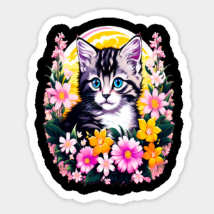 Black and Grey Kitten Surrounded by Spring Flowers Sticker