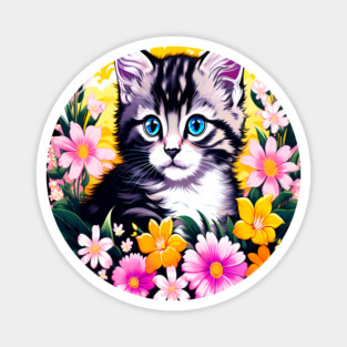 Black and Grey Kitten Surrounded by Spring Flowers Magnet