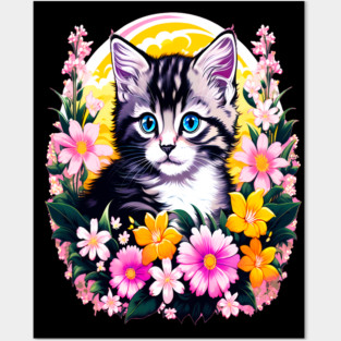 Black and Grey Kitten Surrounded by Spring Flowers Posters and Art