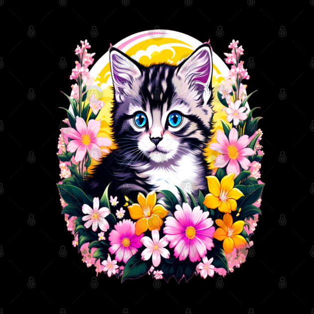 Black and Grey Kitten Surrounded by Spring Flowers by BirdsnStuff