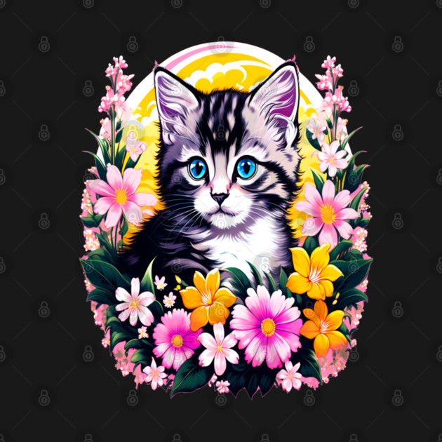 Black and Grey Kitten Surrounded by Spring Flowers by BirdsnStuff