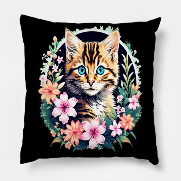 Beautiful Tabby Kitten Surrounded by Spring Flowers Pillow by BirdsnStuff