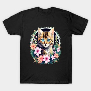 Beautiful Tabby Kitten Surrounded by Spring Flowers T-Shirt