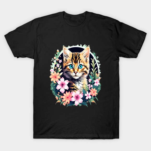 Beautiful Tabby Kitten Surrounded by Spring Flowers T-Shirt by BirdsnStuff
