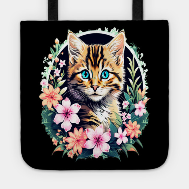 Beautiful Tabby Kitten Surrounded by Spring Flowers Tote by BirdsnStuff